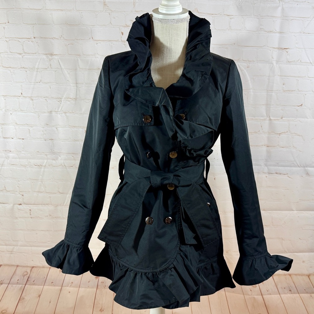 Moda Inter Black Ruffle Trench Coat Jacket Double Breasted 4 6 S